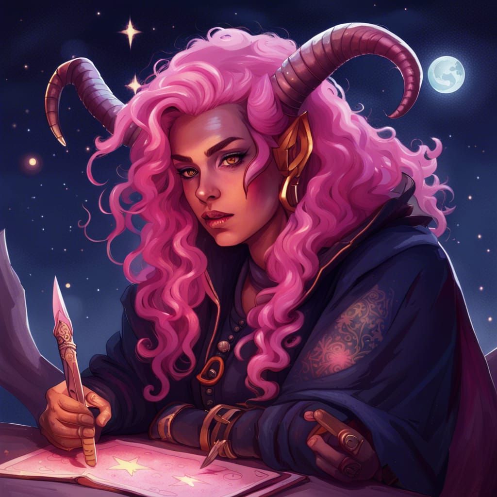 Tiefling Rogue Tarot Reader in Dark Fantasy Style
