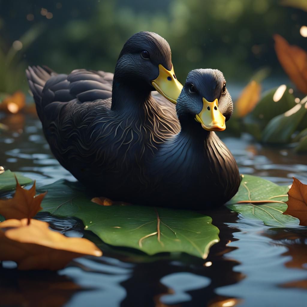 Detailed Matte Painting of a Black Duck Eating