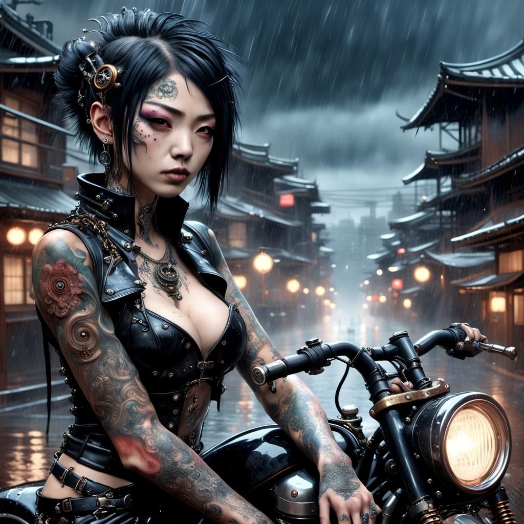 Rain-Soaked Cyberpunk Biker in Steampunk Cityscape