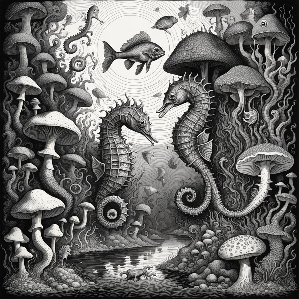 Psychedelic Seahorse and Mushrooms in Horror Style
