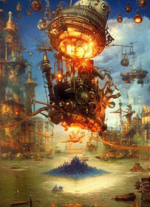 Steampunk Machine Still Life with Lightning, Digital Art