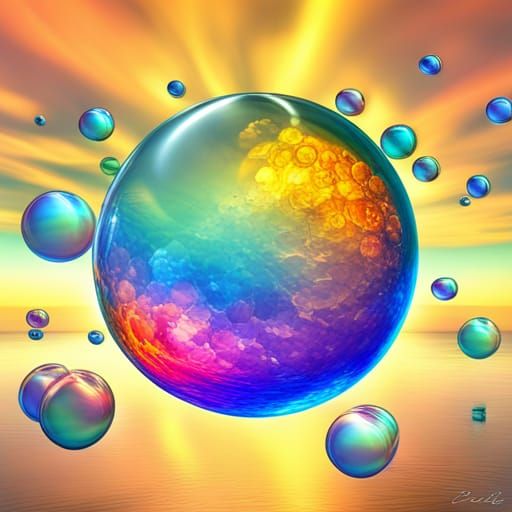 Iridescent Bubbles Reflecting a Surreal Landscape