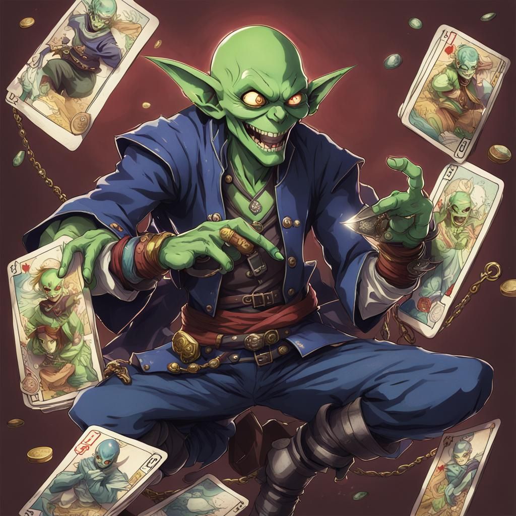 Mischievous Green Goblin with Tarot Cards, Anime Style