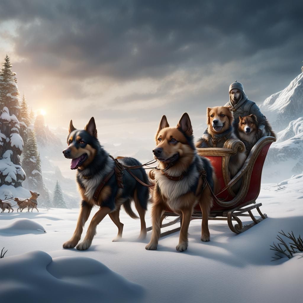 Dogs Pulling Sleigh in Snowy Fantasy Landscape