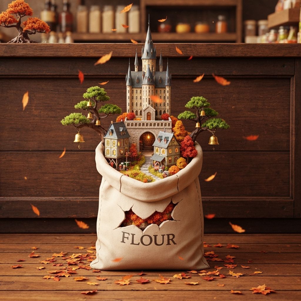 Whimsical Autumn Village in Flour Bag, Impasto Painting