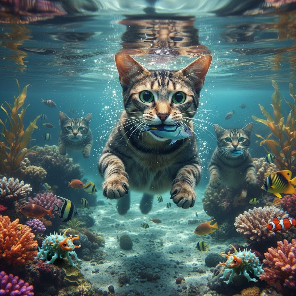 Hyper Realistic Underwater Cats Swimming in Detail
