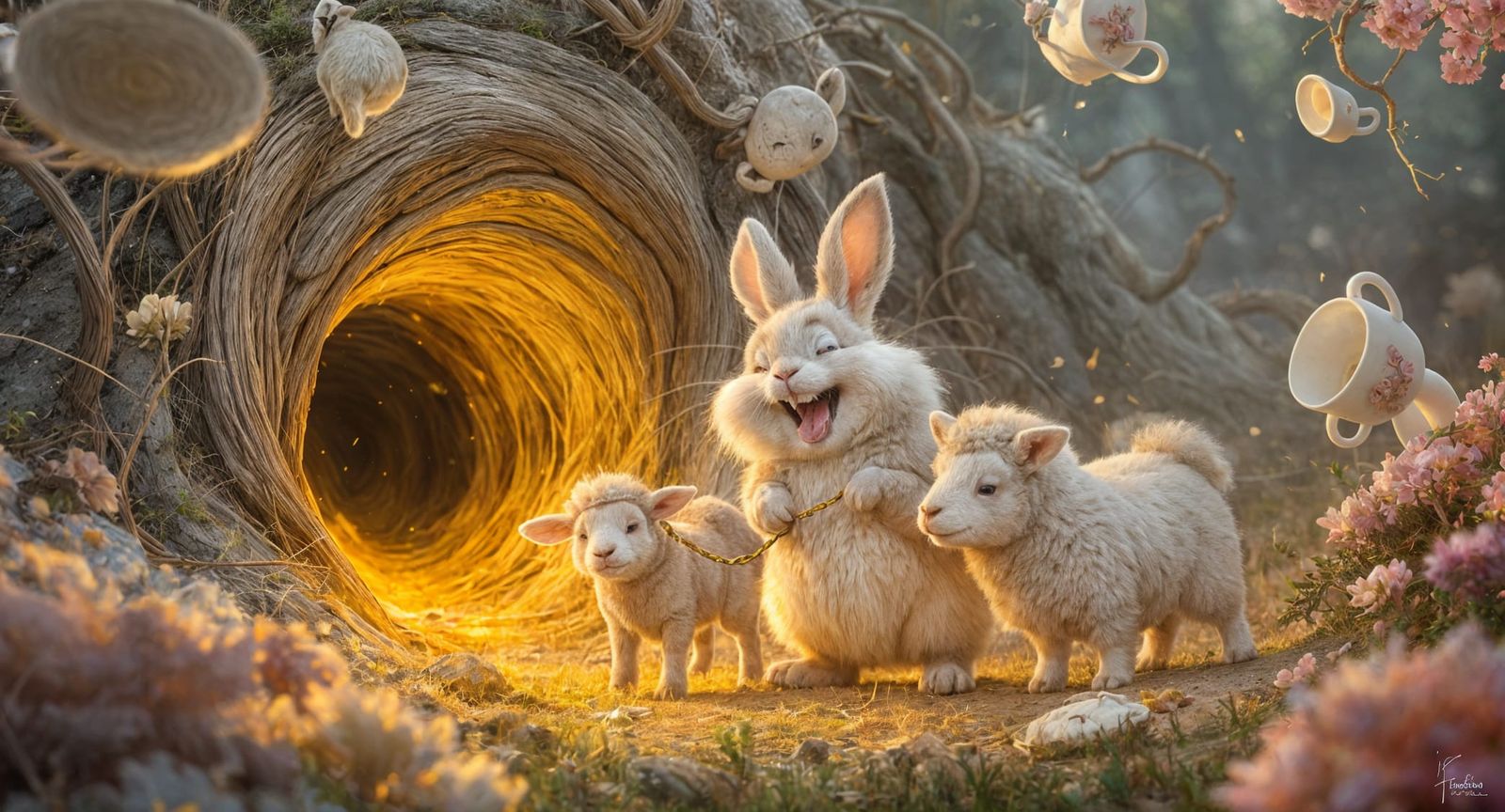 Laughing Bunny near Glowing Portal in Magical Realism
