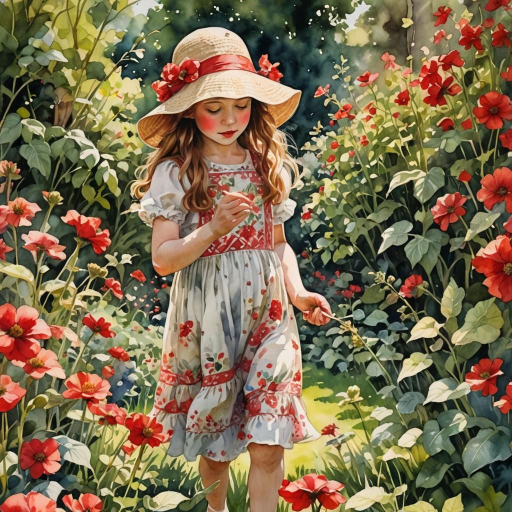 Pre-Raphaelite Girl Picking Flowers: Watercolor Art