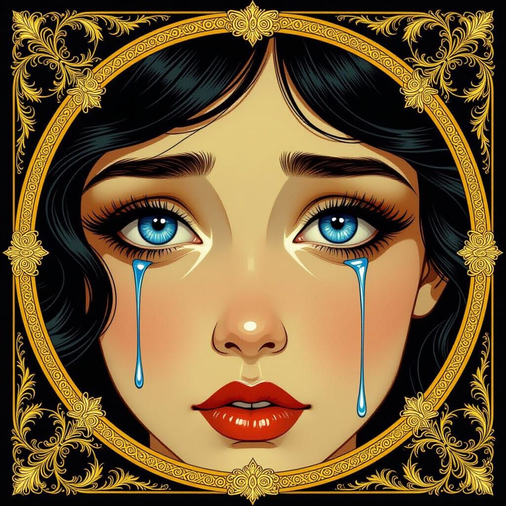 Girl's Blue Eyes with Golden Frame, Art Nouveau Style