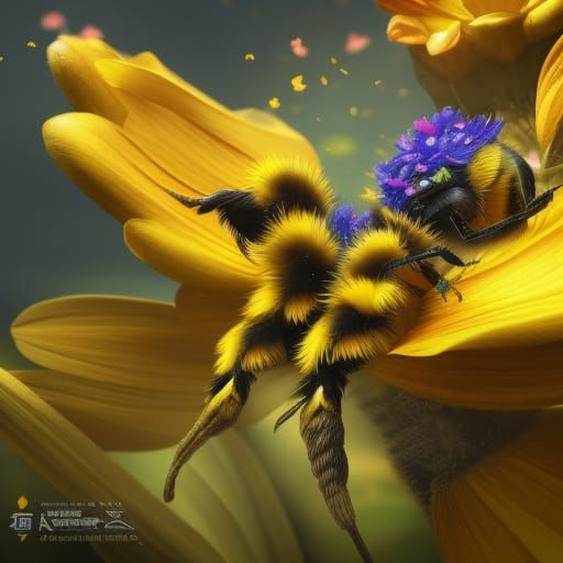 Cute Bumblebee on Flower in Detailed Matte Painting
