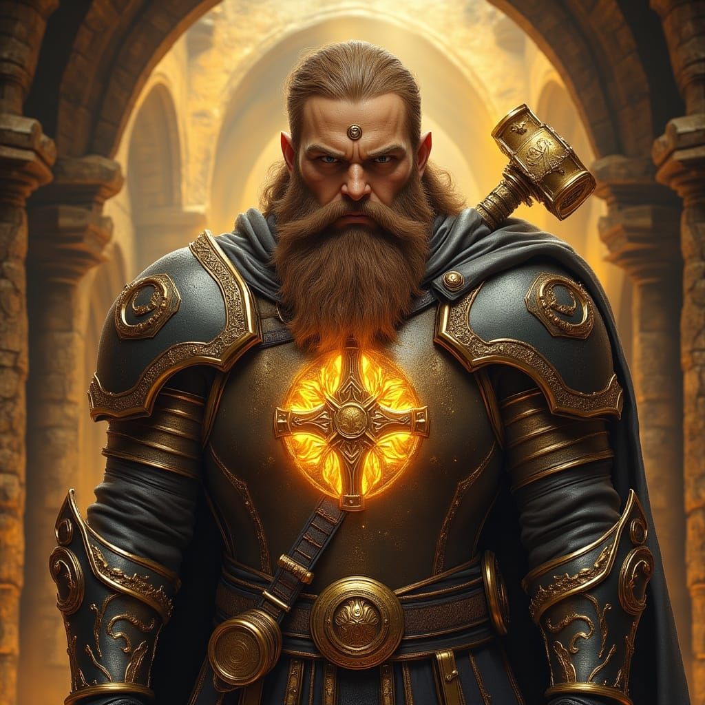 Dwarven Cleric in Engraved Plate Armor with Glowing Warhamme...