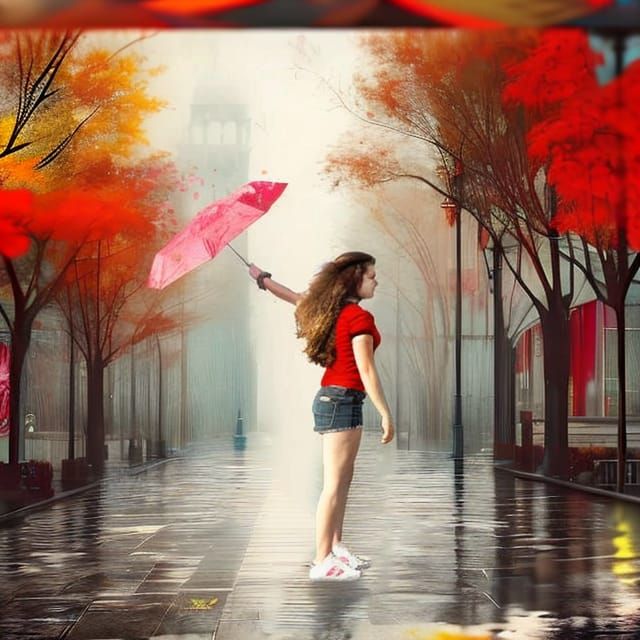 Autumn Girl with Red Umbrella: Digital Matte Painting