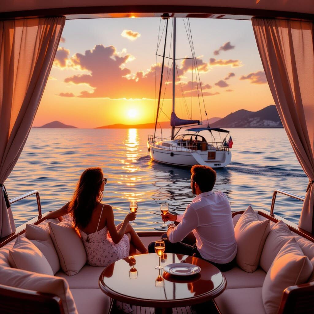 Mediterranean Sunset Yacht Scene as Impressionist Painting