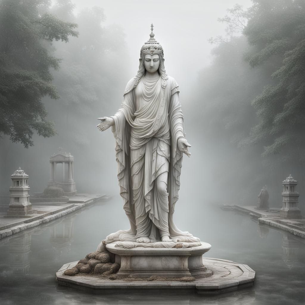 Detailed Marble Statue in Fog, Hyperrealistic Image