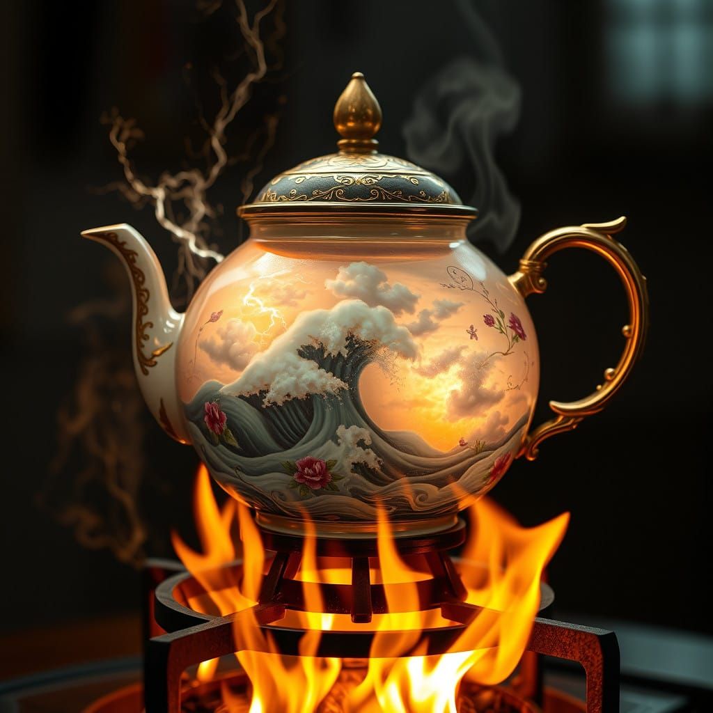 Whimsical Teapot Tempest in Golden Filigree