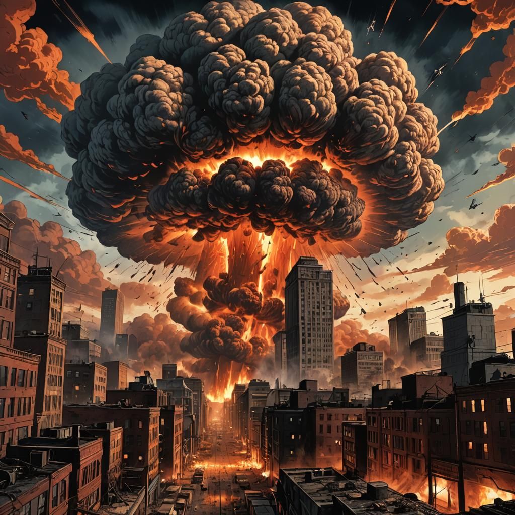Nuclear Explosion in Dark City: Comic Book Art