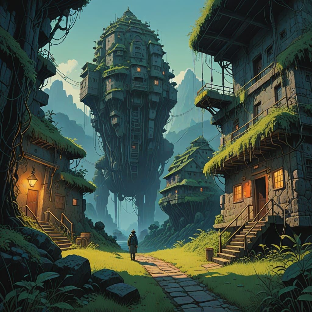 Lost City in Misty Mountains with Whimsical Fantasy Elements