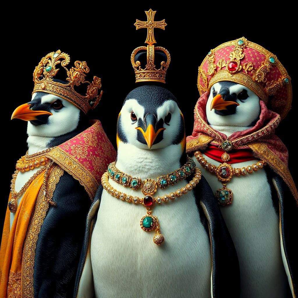 Surreal Royal Penguins in Lavish, Divine Opulence