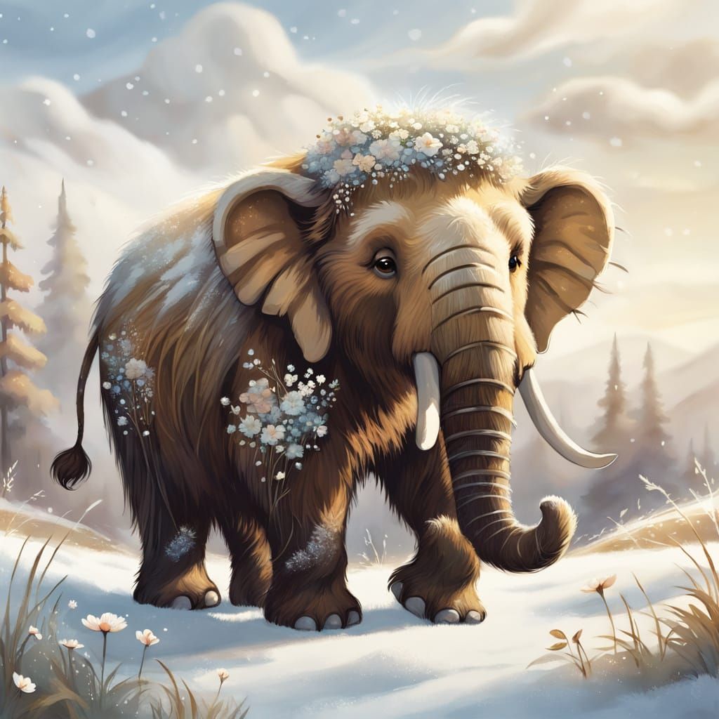 Whimsical Mammoth Cub in Serene Snowy Meadow