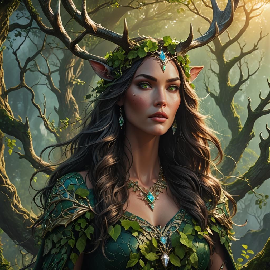 Forest Queen with Antlers and Sunrise: Fantasy Art