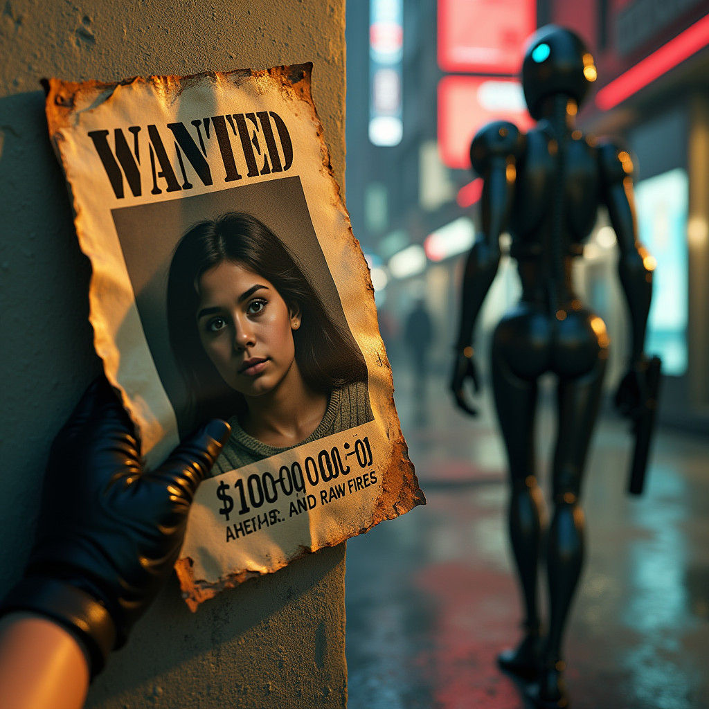 Hi-Tech Robot Guard with Wanted Poster in Cyberpunk Style