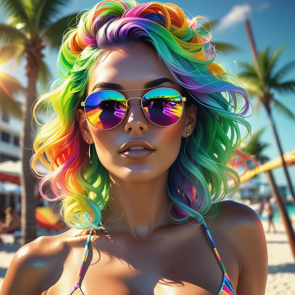 Rainbow Haired Woman on Miami Beach, Digital Art