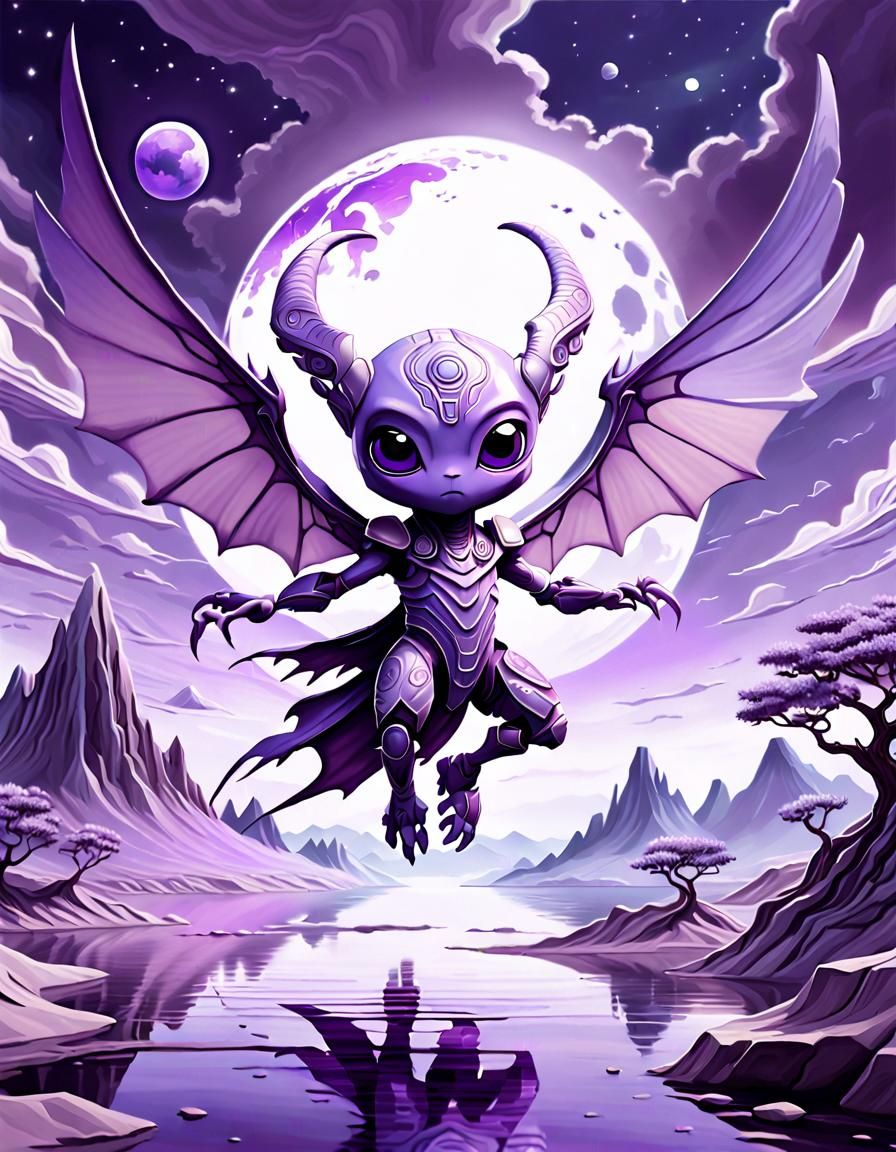 Pastel Purple Alien Landscape with Chibi Creature