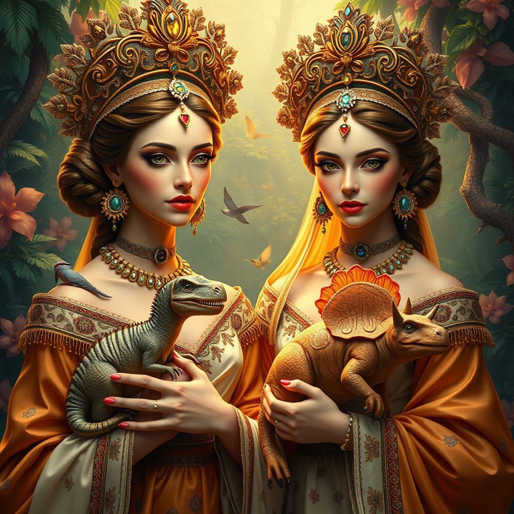 Elegant Prehistoric Court Ladies with Miniature Dinosaurs in...