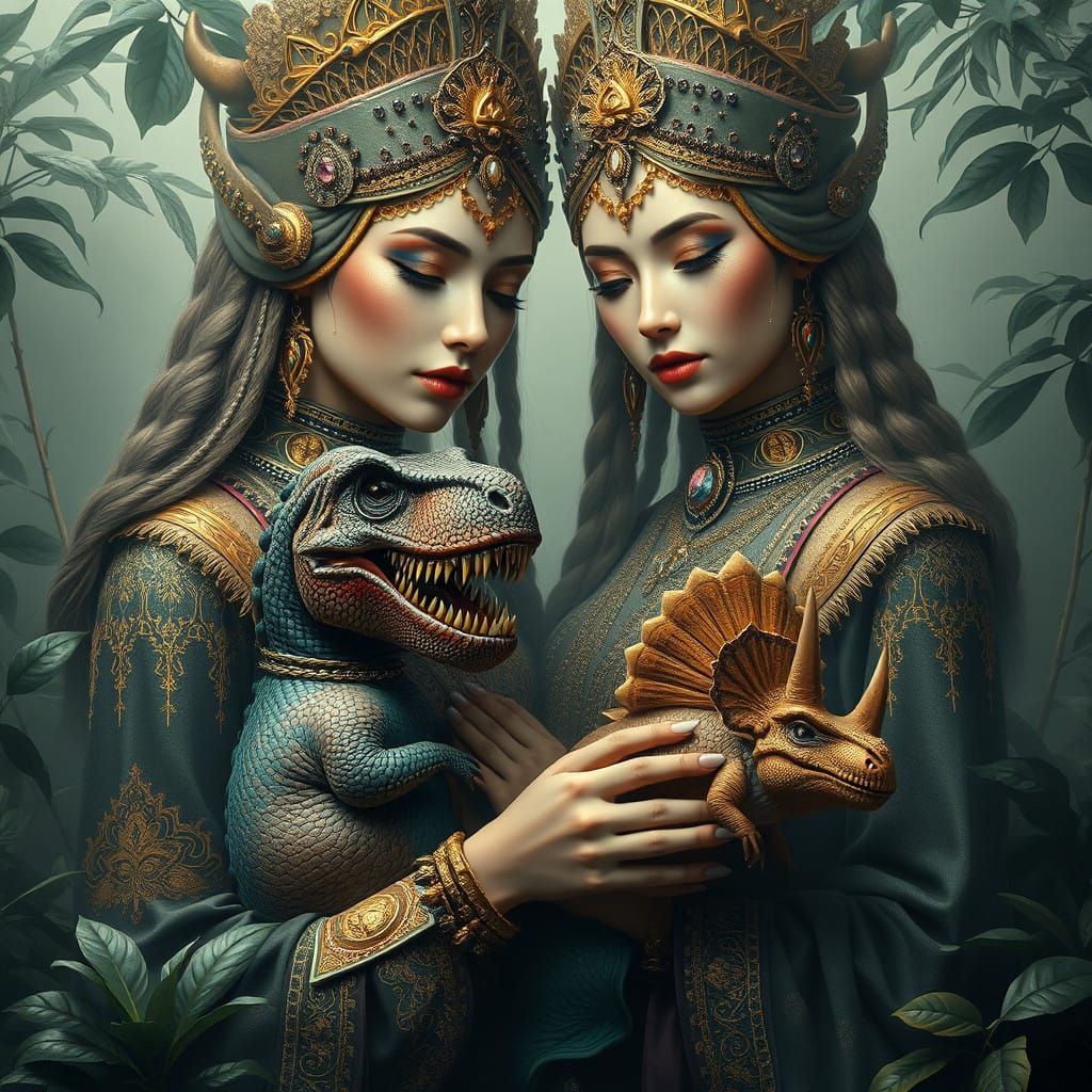 Gentle Court Ladies with Tiny Prehistoric Pets in Ancient El...