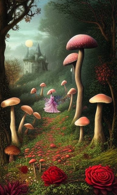 Fantasy Witches Gathering Under Giant Mushrooms