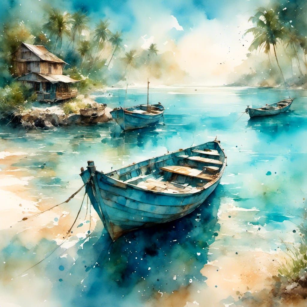 Vibrant Wooden Boat in Turquoise Waters: Watercolor Illustra...