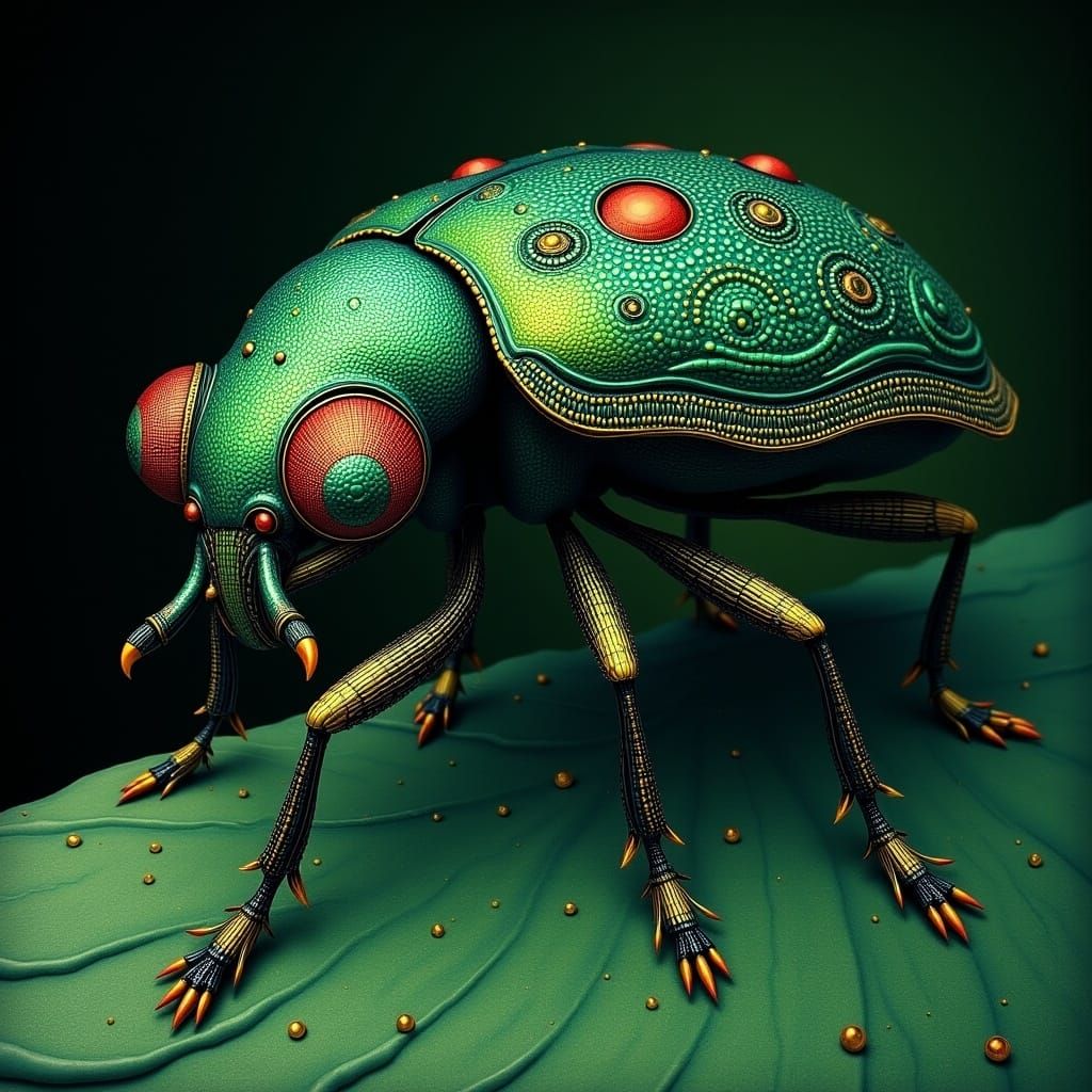 Emerald Beetle on Dewy Leaf, Folk-Art Illustration