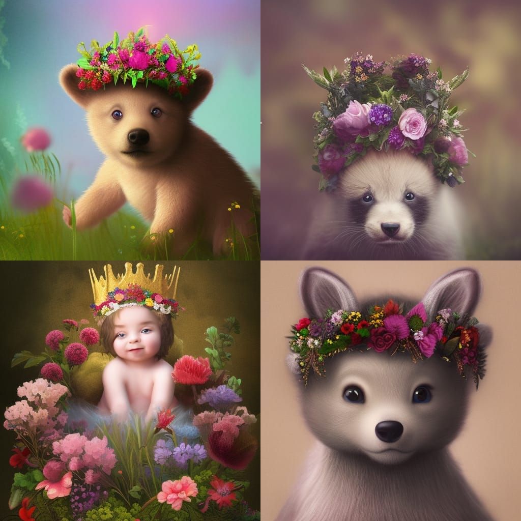 A cute little bear cub wearing a crown of flowers
