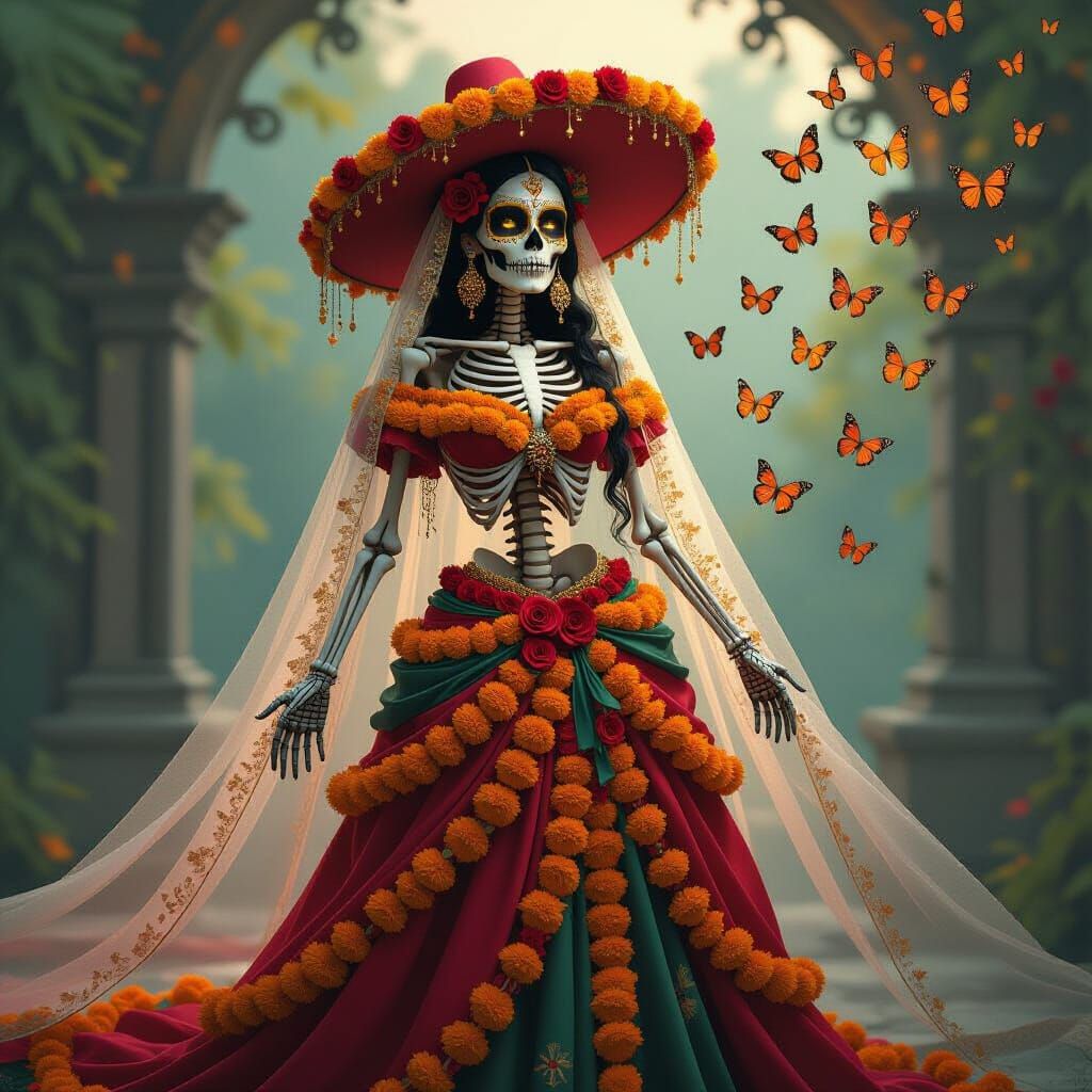 Skeletal La Muerte Goddess in Marigold Gown with Candle Somb...