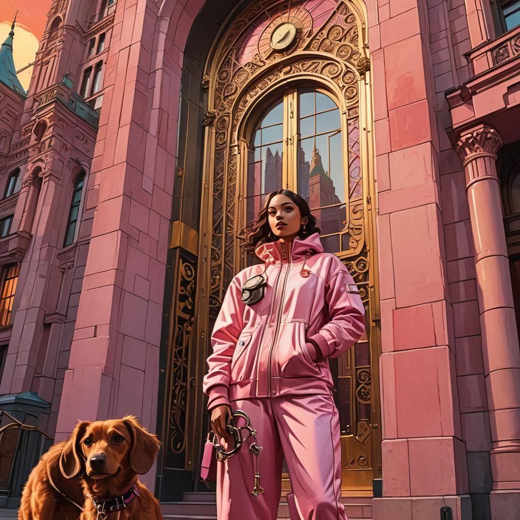 Steampunk Woman and Dog at Moscow City Tower