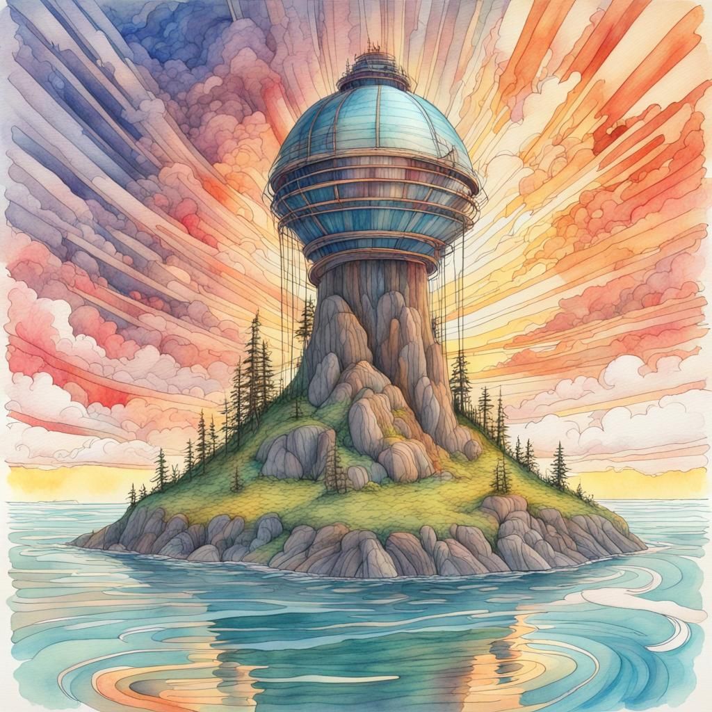 Psychedelic Floating Island Beacon in Watercolor