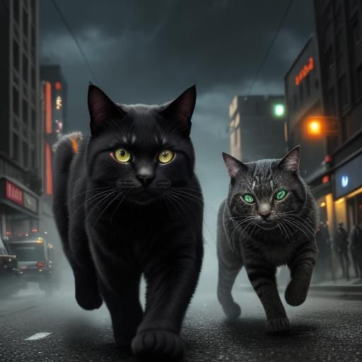 Cats Running from Zombies in Ash Thorp Style