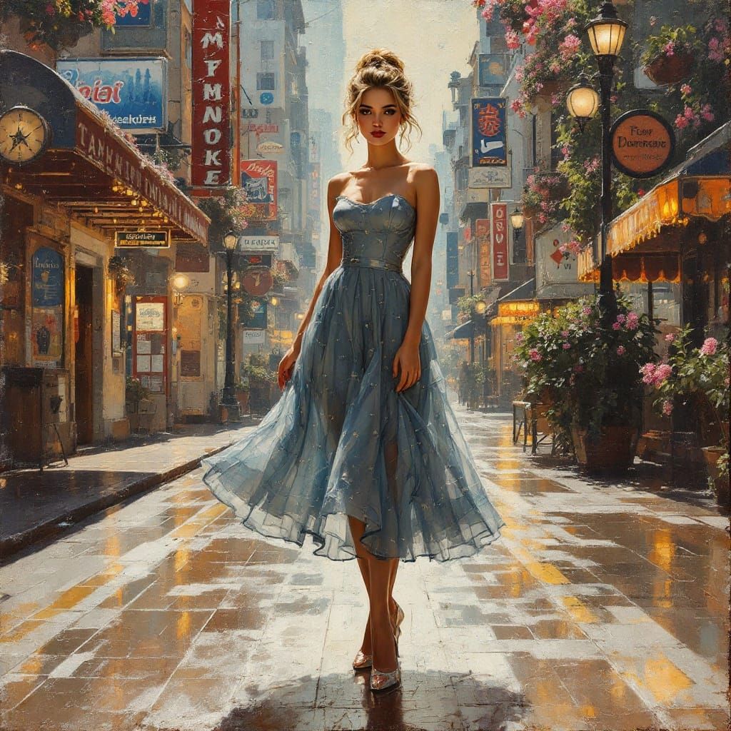 Surreal Morning Scene with Flowers and Woman in Impressionis...