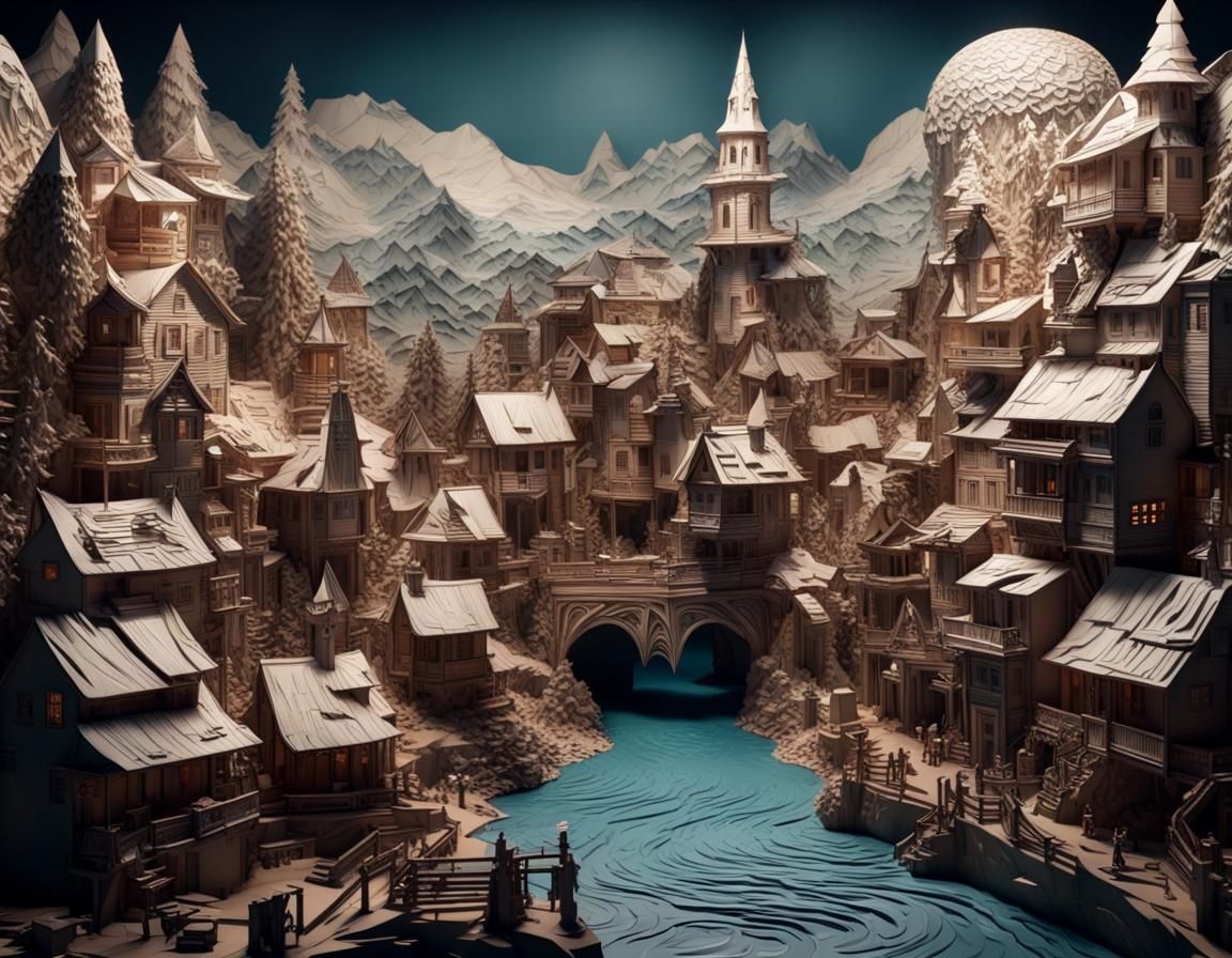 Epic Paper Village Sculpture: Detailed Digital Matte Paintin...