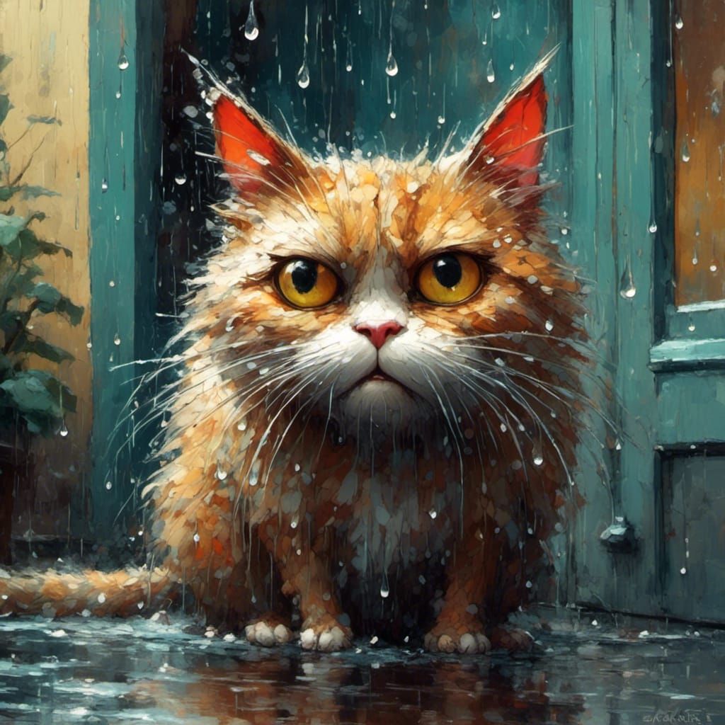 Annoyed Wet Cat on Rainy Doorstep Portrait