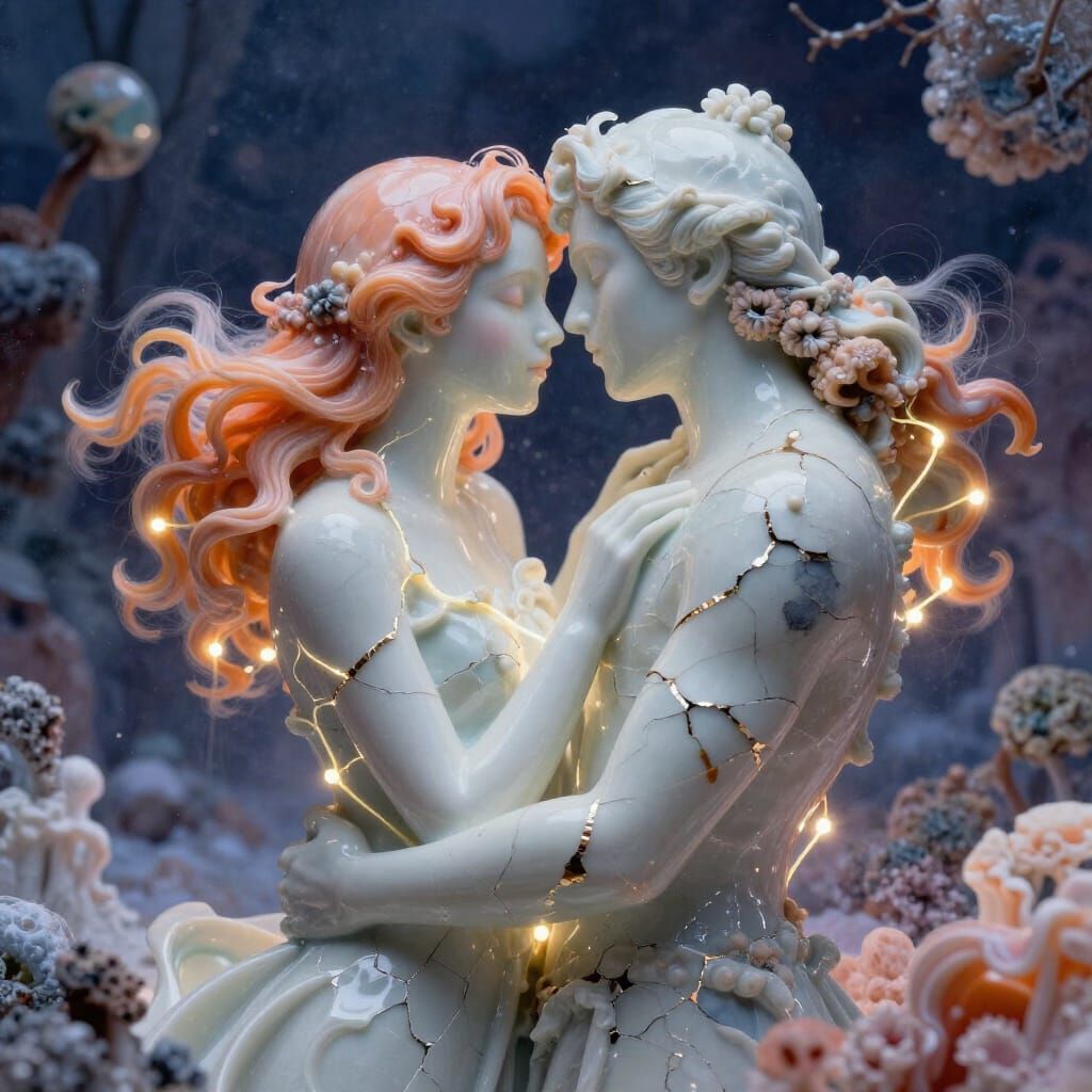 Surreal Romance with Fractured Porcelain and Glowing Vines