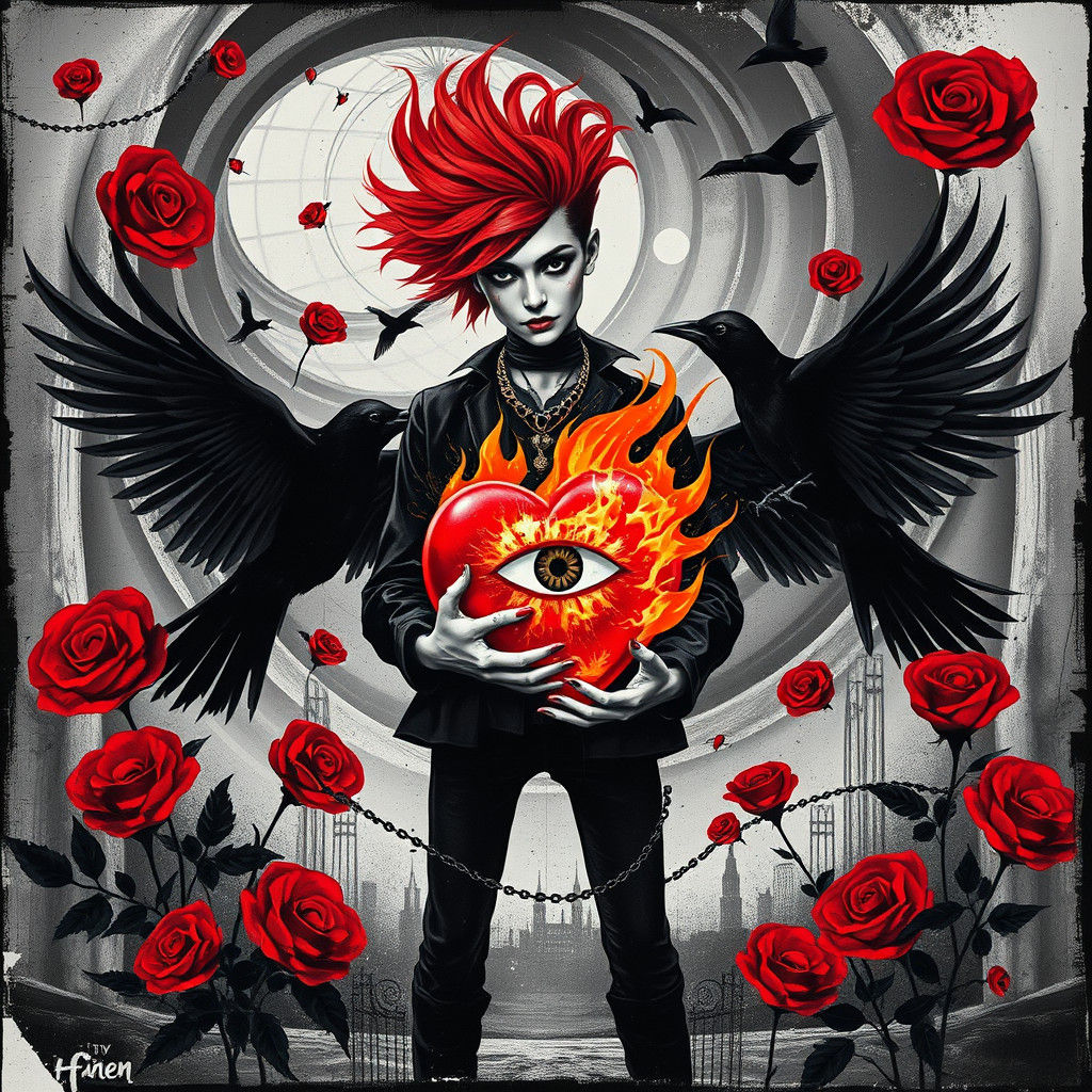 Punk Goth Figure with Flaming Heart in Dadaist Style