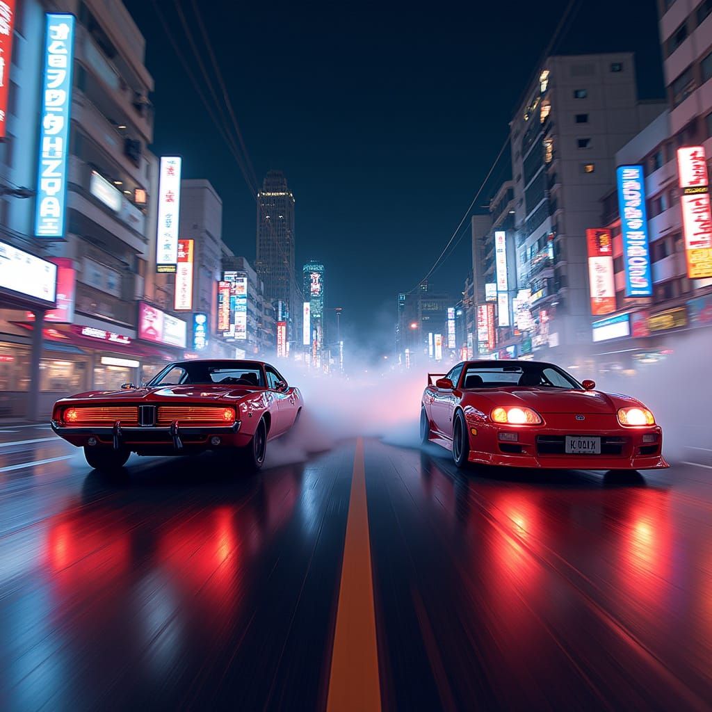 Dodge Charger vs Toyota Supra Drag Race in Neon Tokyo