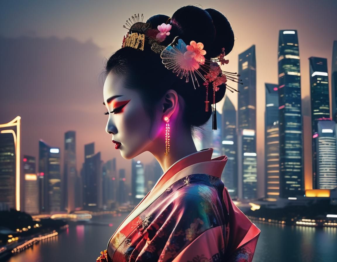 Geisha Silhouette Reflecting Neon Singapore, Dreamlike Fusio...