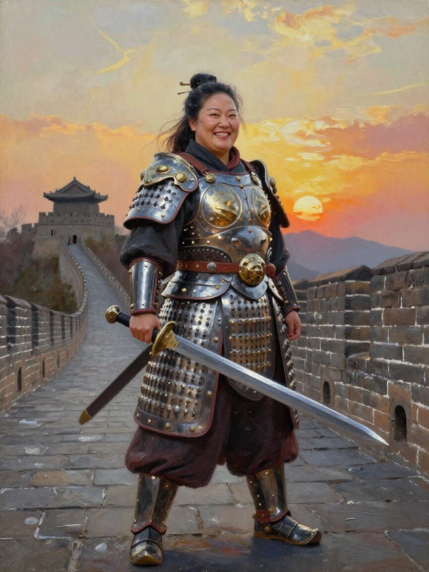 Victorious Chinese Warrior on Great Wall at Sunset