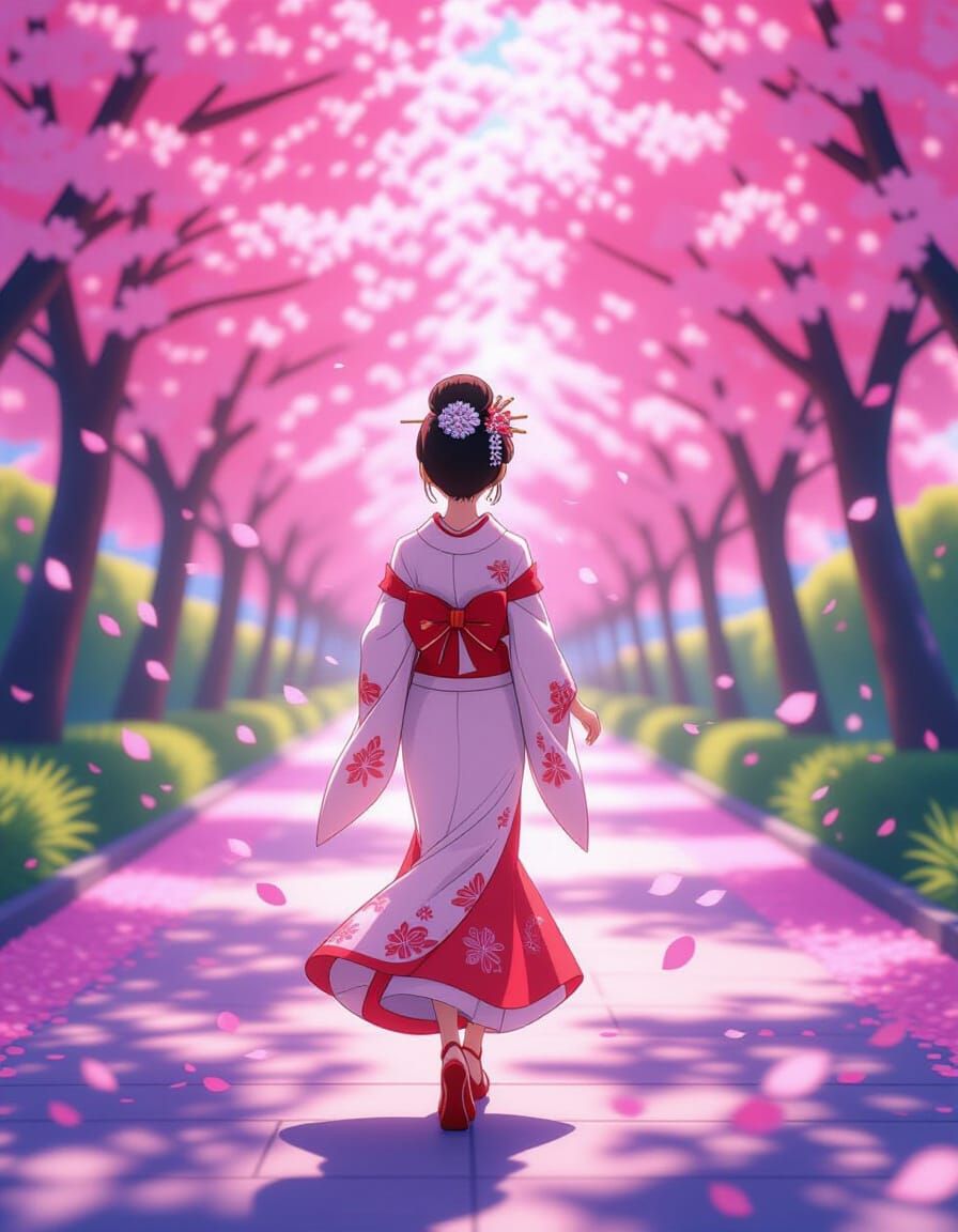 Anime Princess Walks Cherry Blossom Path in Ghibli Style