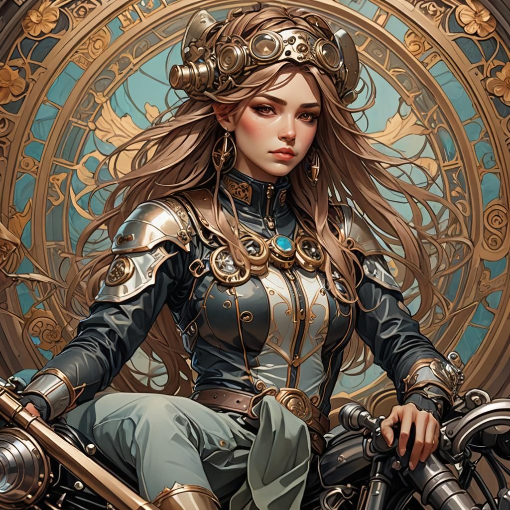 Biker Girl in Art Nouveau Style