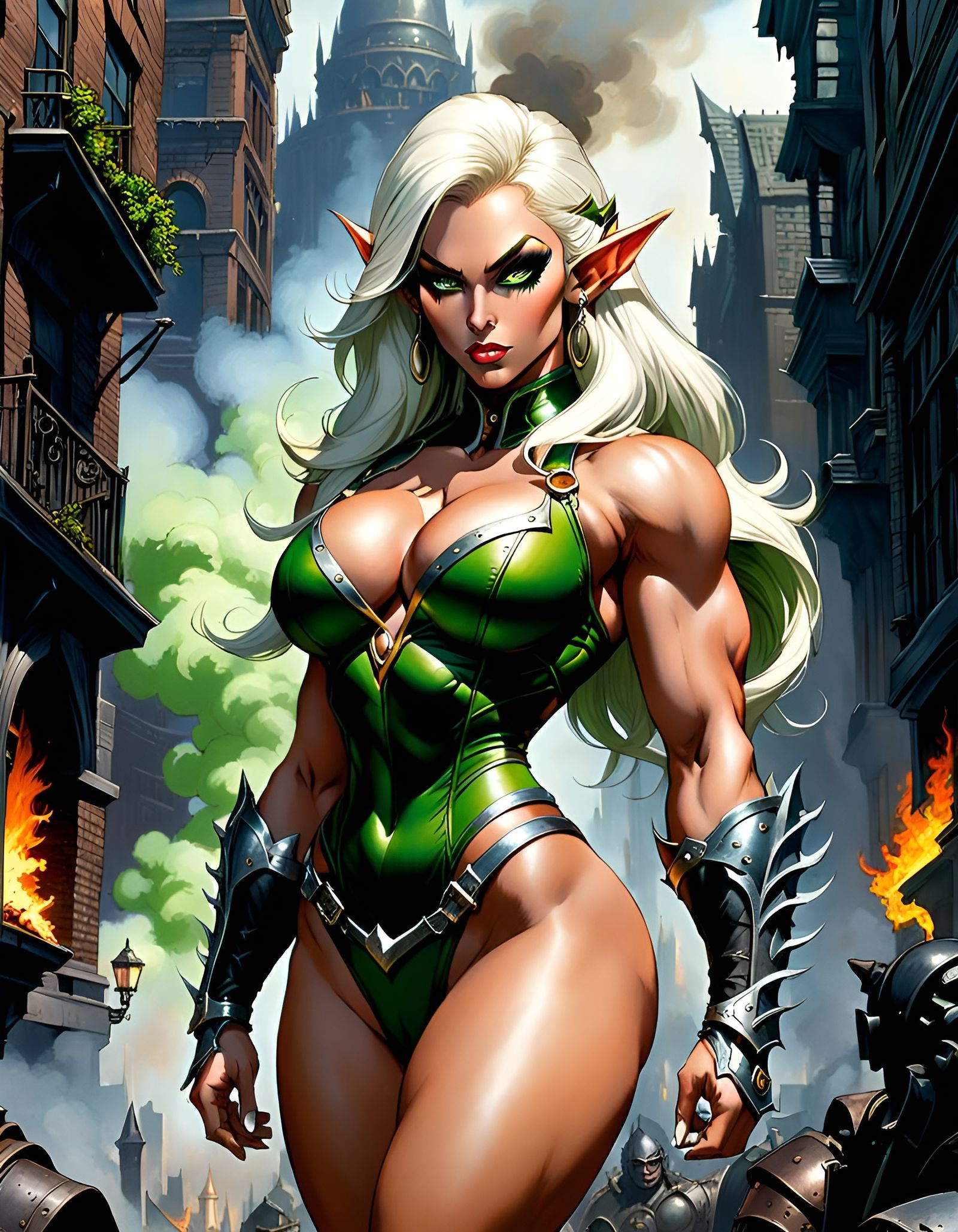 Elf Bodybuilder in Burning City, Caricature Cover Art