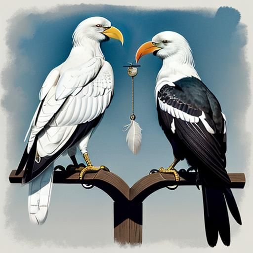 on the right side struts a proud White Crow, its feathers gleaming in the fading light.  Its elegant monocle shines as i...