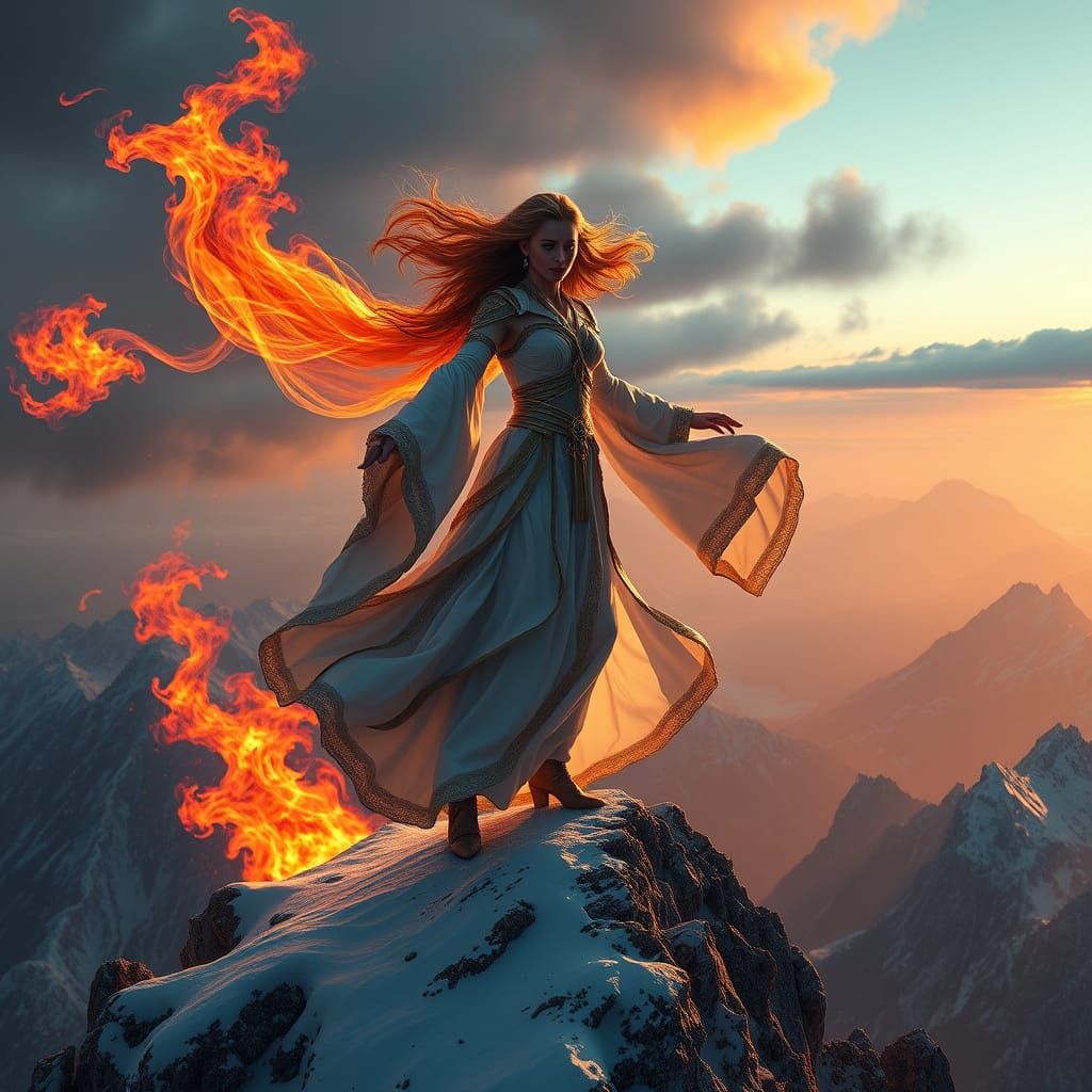 Empowered Woman Summons Inferno on Snow-Capped Mountain Peak